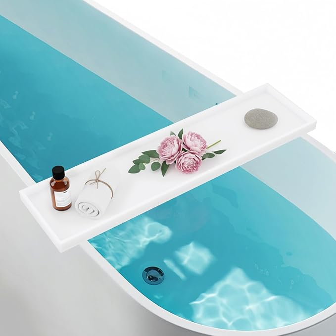 Acrylic Bathtub Tray Caddy, 29.9 x 7.87 Inch, with Wine Glass Holder, Waterproof, 66 lbs Capacity, Spa Bath Shelf (Pure White)
