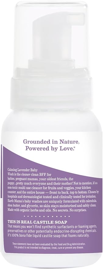 Earth Mama Calming Lavender Baby Wash Liquid Foaming Hand Soap, All-Purpose Lavender Body Wash for Sensitive Skin, Castile Soap with Coconut Oil, Shea Butter, Calendula, & Aloe, 6.27 Fl Oz