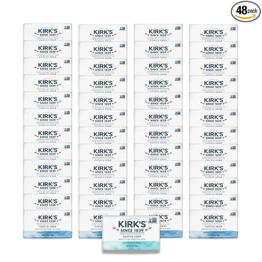 Kirk's Castile Bar Soap, Original Fresh Scent - Clinically Tested, Safe for Sensitive Skin with Coconut Oil, Vegan and Non-GMO - 4 oz Bars, 48 Pack and Fragrance Free Travel Bar
