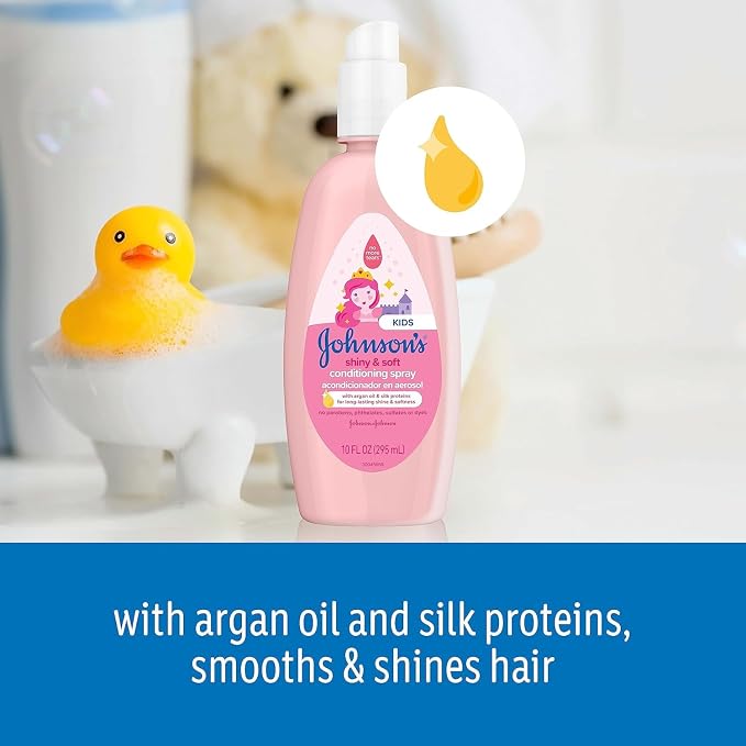 Bundle of Johnson's Kids Shiny & Soft Tear-Free Kids' Shampoo with Argan Oil & Silk Proteins, Hypoallergenic, Sulfate-Free, 13.6 fl. oz + Conditioning Spray for Toddler Haircare, 10 fl. oz