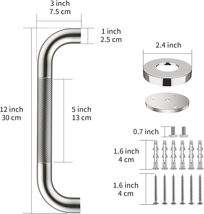 2 Pack 12 Inch Anti Slip Shower Grab Bar Handle, ZUEXT Chrome Stainless Steel Bathroom Grab Bar, Knurled Bathroom Balance Bar,Safety Hand Rail Support,Handicap Elderly Injury Senior Assist Bath Handle