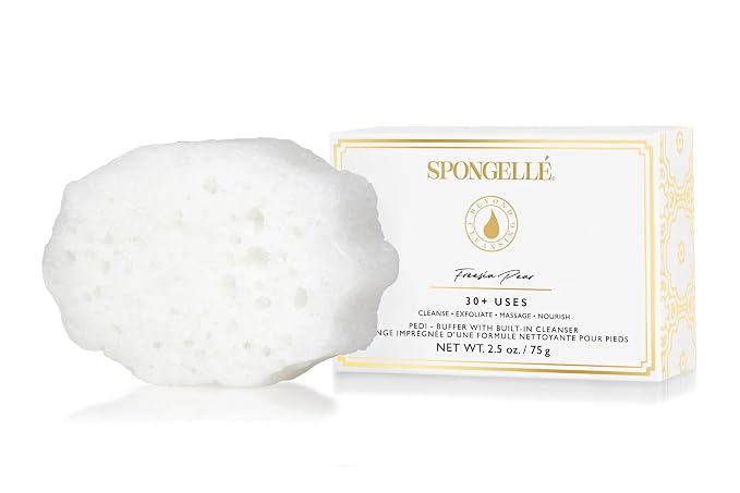 Spongellé Freesia Pear Pedi Buffer Bath Sponge | Exfoliating Foot & Heel Scrub | Cleanse, Exfoliate, and Nourish in One Easy Step | Cruelty-Free, Vegan, Dermatologist-Tested, Made in USA | 30+ uses