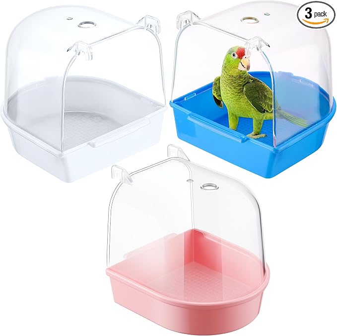 Honeydak 3 Pieces Clear Bird Bath for Cage Parakeet Bird Cage Accessories Hanging Bath Box Parrot Bathing Tub with View for Cockatiel Conure Canary Budgies Parrots (Cute Color)