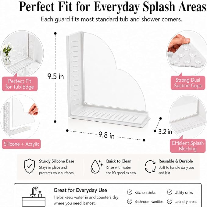 No-Adhesive 2-Pack Acrylic Silicone Bathtub Splash Guard,Tall & Flexible Shower Water Blocker with Strong Suction Cups,Reusable, Keeps Water in, Ideal for Family,Rentals&Pet Bathrooms (off-white)