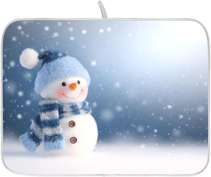 Cute Snowman Blue Dish Drying Mat, Absorbent Drainer Mats for Kitchen Counter Coffee Maker 18"x16"