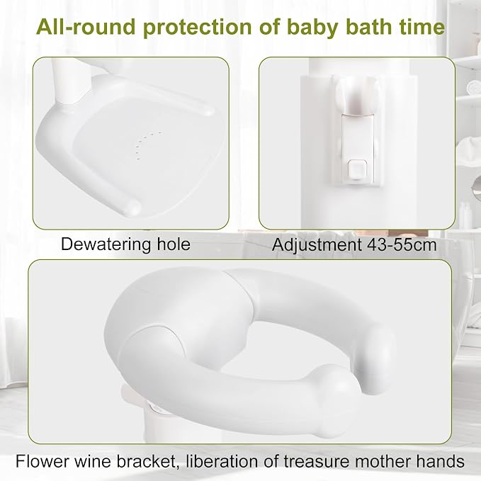 Foldable Design Baby Shower Stand with Armrest High Stability Adjustable Height Baby Shower Standing Support, Collapsible Kids Showering Rack with Head Holder Grey