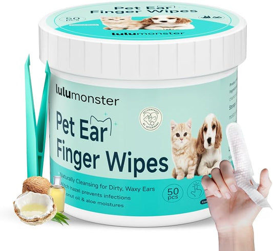 Dog & Cat Ear Cleaner Finger Wipes, Vet‑Recommended for Dog Ear Infection Relief, Itching & Inflammation, Remove Wax Dirt, Stop Smelly, Non‑Irritating, 50ct (Coconut Scent)