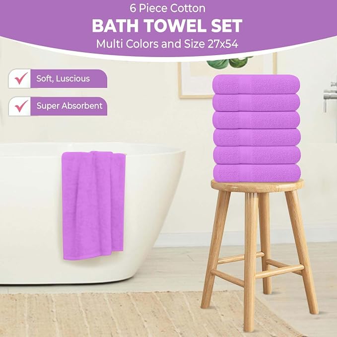 KAHAF COLLECTION 6 Pack Bath Towels Set (27 x 54 Inches) 100% Ring Spun Cotton, Lightweight, Quick Dry, Highly Absorbent Towels (Light Purple, (27x54) Inches)