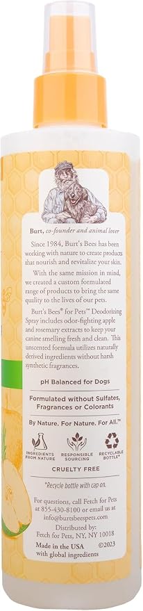 BURT'S BEES FOR PETS Deodorizing Spray for Dogs with Apple and Rosemary Extract, 99.7% Natural Origin, Gentle Waterless Dry Dog Shampoo, pH Balanced for All Dogs, 10 Fl Oz
