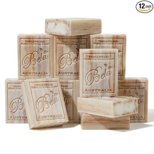 BELA Sandalwood Soap 3.3 OZ, Pack of 12 French Triple Milled Bar Soap with Organic Shea Butter, Hand, Face and Body Wash Bar, Made in Australia