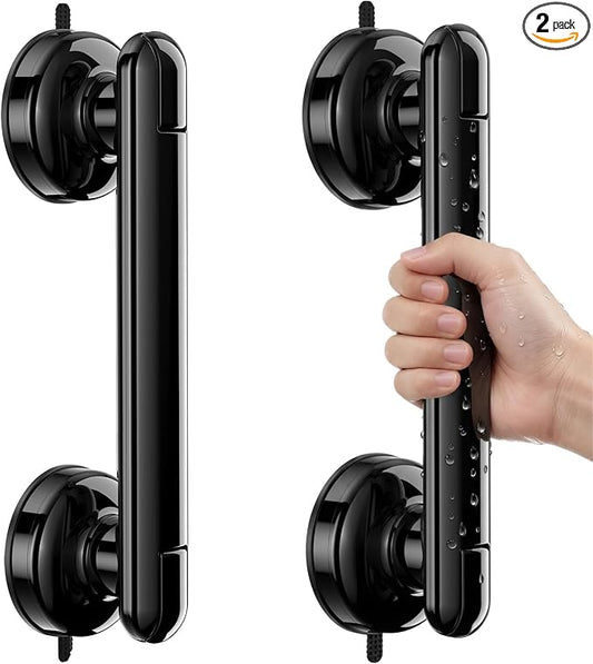 Suction Shower Handle, 2 Pack Grab Bars for Shower and Bathroom, Removable Safety Grip No Drilling & Waterproof, Heavy Duty Suction Cup Bath Handrails Grab Bars for Bathtubs, 11 inch - Black