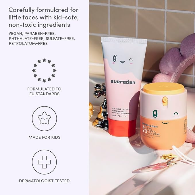 Evereden Kids Face Wash & SPF 20 Cream Set | Dermatologist-Tested, Mineral Sunscreen with Zinc Oxide & Vitamin B5 | No Phenoxyethanol, EWG Verified, Gentle, Safe for Ages 3+, Sensitive Skin + Headband