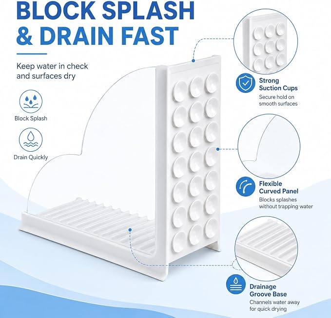 Splash Guard for Bathtub, 2-Piece Shower Splash Guard with Clear Acrylic Panel & Silicone Base, No Adhesive Shower Water Guard for Tub Corner, Shower Guards to Keep Water in Shower (White)