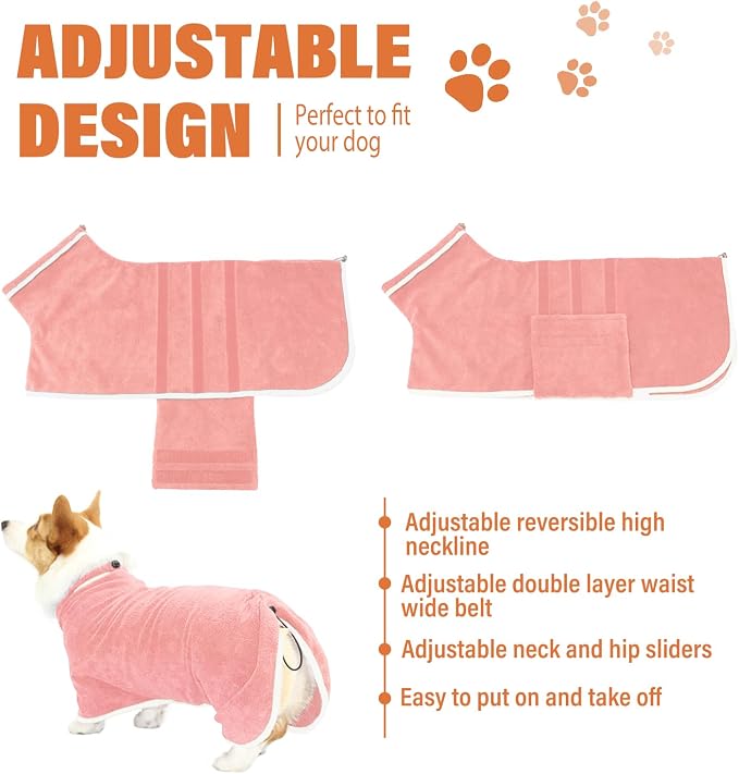 Dog Robe - Fast Drying Towel - Microfiber Super Absorbent Pet Bathrobe, Adjustable Collar & Belly Strap (Pink, XXX-Large)