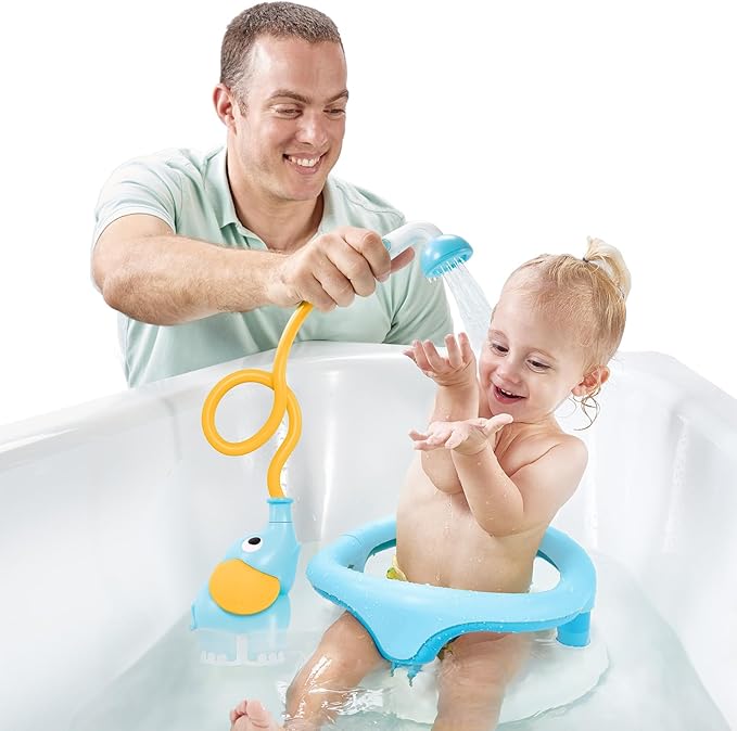 Yookidoo Baby Bath Shower Head - Elephant Water Pump and Trunk Spout Sprayer - One Handed Flow Control for Newborn Babies in Tub Or Sink (Blue&Orange)