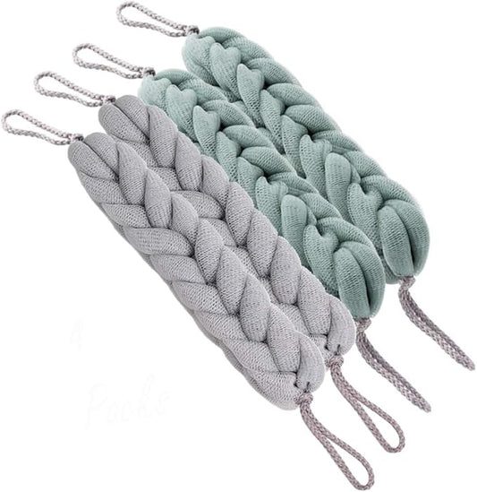 AARainbow 4 Packs Long Stretch Back Sponge with Rope Handles Back Scrubber Bath Shower Mesh Sponge Exfoliating Body Scrub Stretch Braided Loofah for Men and Women(2 Gray+2 Green)