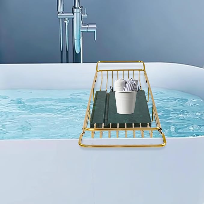 Expandable Bathtub Tray – 26.77" to 35.43" Adjustable Bathtub Caddy | with Natural Marble Board, Raised Guardrails, Tablet/Phone Stand – Home Spa Accessory for Bath, Holds 44 lbs (Gold + Green)