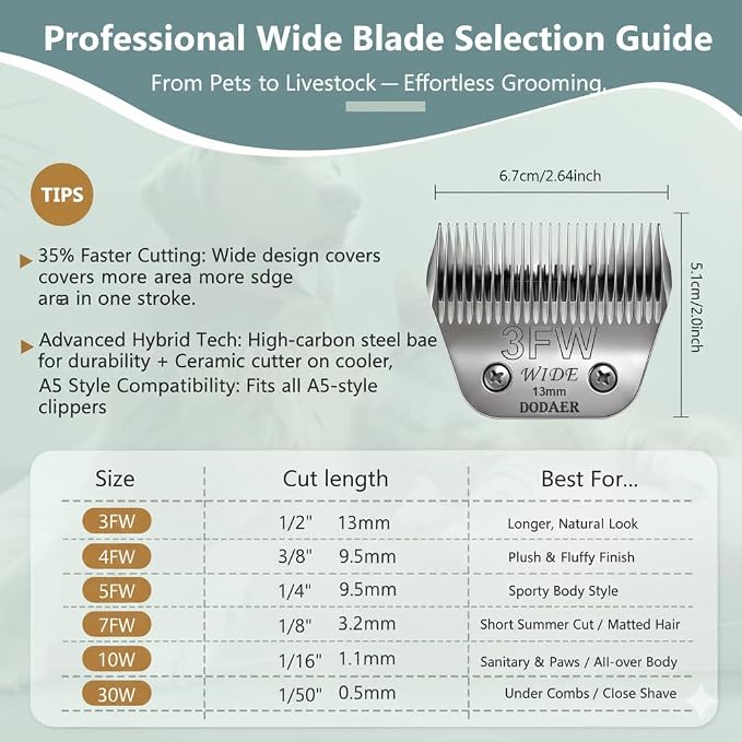 3FW Dog Grooming Blade Compatible with Andis, Wahl, Oster A5 Clippers | Cut 13mm (1/2"), For Large Dogs, Cats, Other Pets
