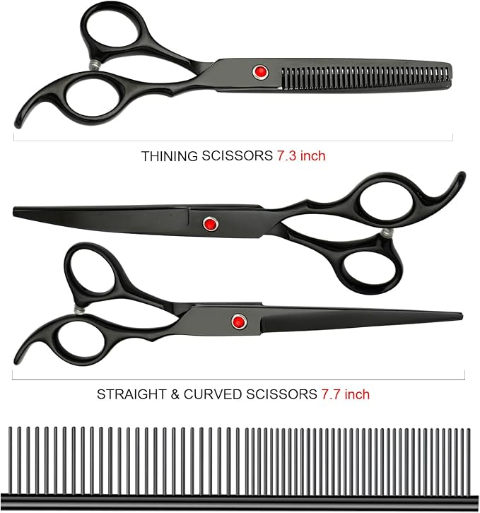 Dog Grooming Scissors Kit, Premium Stainless Steel Dog Shears with Curved Shears, Sharp Durable for Dogs Cats+Black 4 Piece