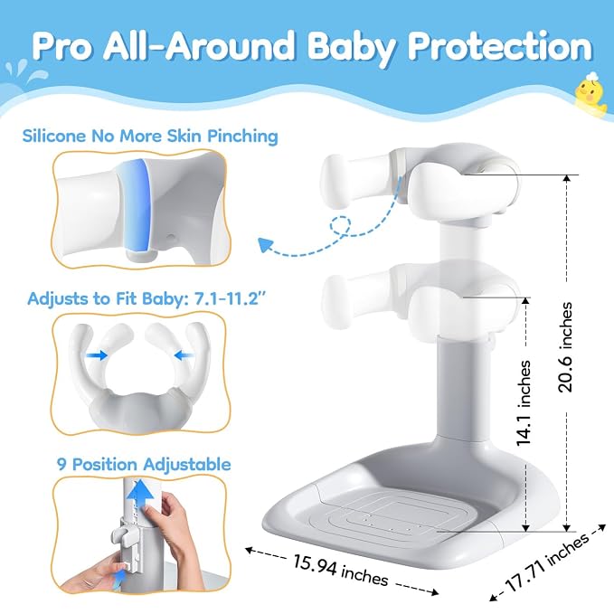 Upgraded Baby Shower Stand with Anti-Pinch Silicone & Anti-Slip Base, Adjustable Height Baby Bath Standing Support, Soporte para Bañera de Bebé Assist Holder for 6-36 Months Toddler, Ideal Gift, Gray