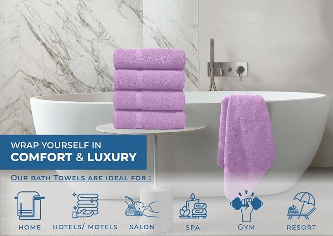 DAN RIVER Large Bath Towels Set of 4, 27 x 54 Inches, 600 GSM Larger & Lighter Weight Towels for Bathroom - Highly Absorbent & Quick Dry 100% Cotton Bath Towel Set for Home, Spa & Hotel - Lavender