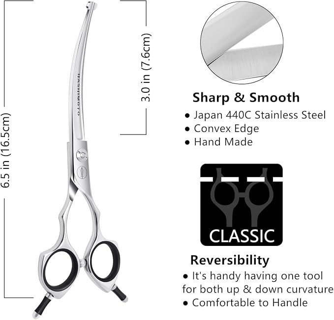 HASHIMOTO Curved Dog Grooming Scissors with Safety Round Tips, 6.5 inch. | Lightweight, No Stabbing with Blunt Tip, 440C Stainless Steel, Sharp, Friendly to amateur.