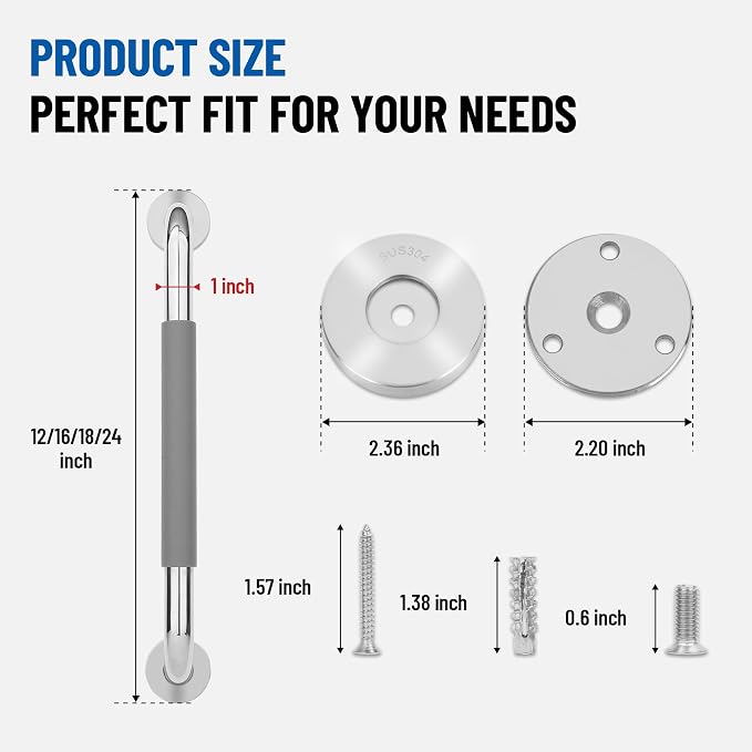 Safety Grab Bars for Shower,Anti-Slip Gray Silicone Grip(12 Inch 2 Pack) | SUS 304 Stainless Steel,Wall Mounted Shower Handles,ADA Compilant,Suitable for Seniors,Handicap,Pregnant & Kids