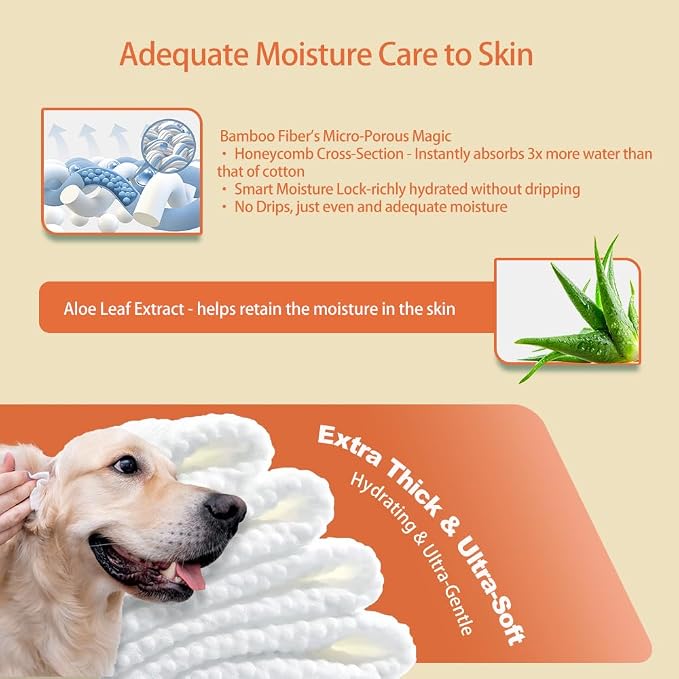 Pet Wipes for Dogs & Cats 100% Bamboo Grooming Wipes, 100 Count | Alcohol-Free, Fragrance-Free 8 x 8 in Plant-Based Wipes for Paws, Body, Face & Rear | Lab-Tested