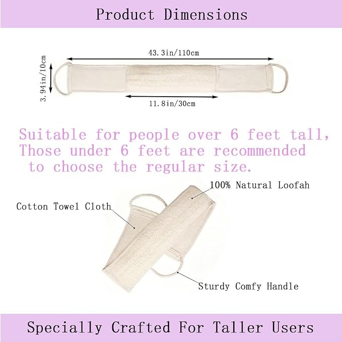 Extra-Long Natural Loofah Back Scrubber,1 Pack | Exfoliator，Biodegradable，back scrubber for shower ,Exfoliating Bath Strap， with Cotton Handles, Shower Body for Men Women