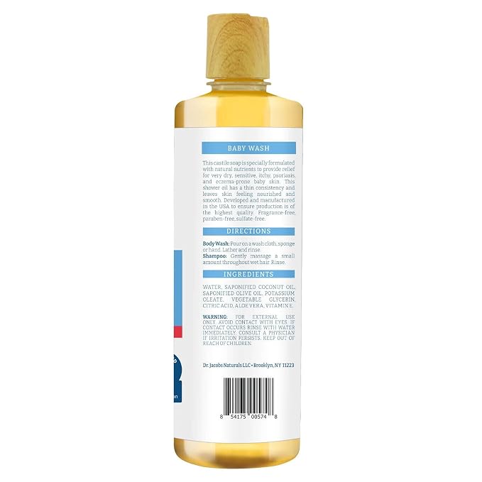 Dr. Jacobs Pure Castile Baby Wash - Effective Body Wash to Relieve Baby Eczema - Gentle Shampoo and Unscented Soap for Sensitive Skin, and Hypoallergenic - 16 oz