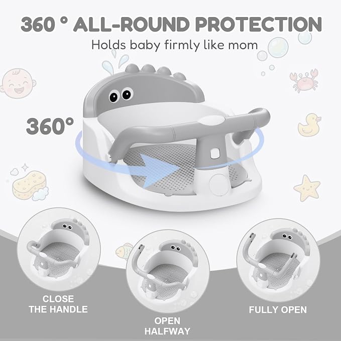 Baby Bath Seat for Babies 6 Months & Up Sitting Up | 360° Stable Toddler Bath Chair with One-Touch Button | Baby Bath Tub Seat with Suction Cups | Open Design, Compact, Detachable, Non-Slip(Grey)