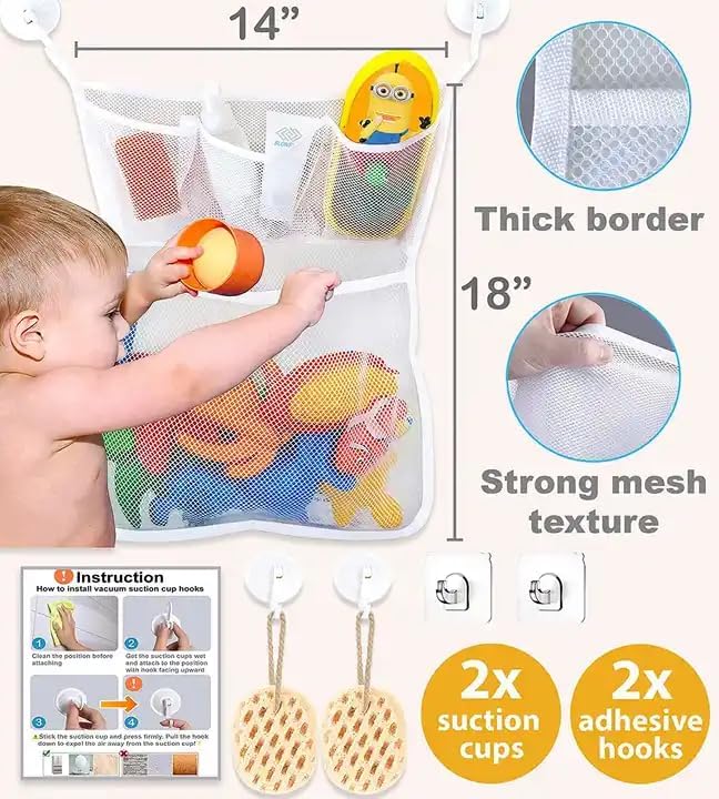 Hanging Bathtub Toy Holder And Shower Caddy - Large 14 X 20 inch, Multi use net Bag with 2 Suction and 2 Adhesive Hooks, Quick Dry, Bedroom - Car Toy Organizer.