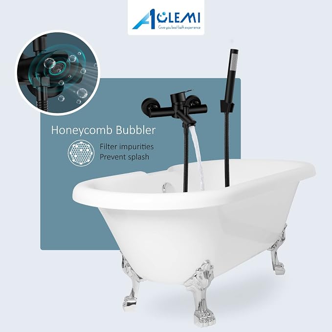 Aolemi Matte Black Wall Mount Bathtub Faucet with Handheld Shower Stainless Steel SUS304 Single Handle Shower Basin Mixer Taps 6 Inch Center Tub Filler for Bath