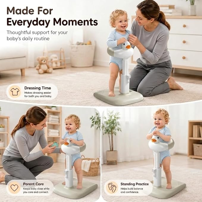 Baby Bath Stand with Built-in Seat - Duck Design - Anti-Slip Base - Baby Shower Stand for Sitting or Standing (Gray)