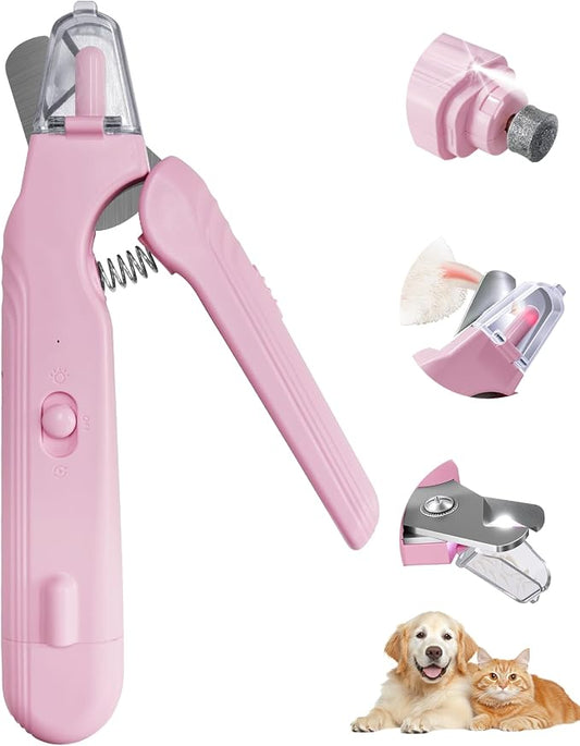 2-in-1 Dog & Cat Nail Clippers and Grinder with Light, Safety Guard, Painless Quiet Pet Nail Claw Trimmers, USB Rechargeable Pet Nail Trimmer, for Large Medium Small Dogs Cats Claw Trimmer, Pink