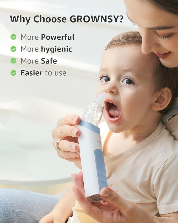 GROWNSY Nasal Aspirator for Baby, Electric Nose Aspirator for Toddler, Baby Nose Sucker, Automatic Nose Cleaner with 3 Silicone Tips, Adjustable Suction Level, Music and Light Soothing Function, Blue