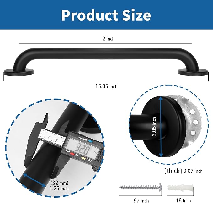 Safety Shower Grab Bars for Seniors, Stainless Steel Anti Slip Shower Handle, ADA Compliant Hand Rails, Holds up to 500 LBS Grab Bars for Elderly for Wall (Black, 12 Inches)