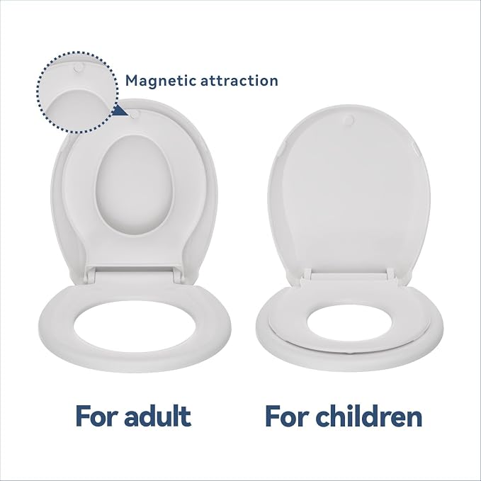 JINGZE Round Toddler Toilet Seat Adult/Child,Built-In Potty Training Seat, Soft Quiet Close Non-Slip Seat, Easy to Install & Clean,Magnetic Kids Seat and Cover,White