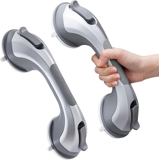 LEVERLOC Grab Bars for Shower 2 Pack Suction Bathtub Safety Rails, Heavy Duty 12 Inch Shower Handle Removable Bath Handrails for Seniors and Elderly, Bathroom Safety Grip No Drilling Waterproof Silver