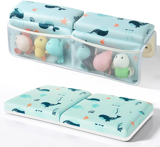 Baby Bath Kneeler and Elbow Rest Pad Set,1.5" Thick Baby Bath Kneeler Pads with Toys Organizer, Pads to Support The Arm, Essentials, Ideal Kneeling Pad for Bathing（Blue）