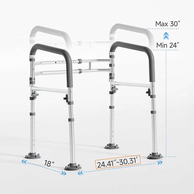 Loyoda Toilet Safety Frame for Seniors, Adjustable Toilet Safety Rail | Height& Width Adjustable, Padded Armrests, Foldable Aluminum Support Frame for Elderly, Disabled, Pregnant, 350 lb, Gray