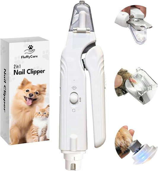 2-in-1 Dog & Cat Nail Clippers with Light, USB Rechargeable Pet Nail Trimmer, Safety Guard to Prevent Overcutting, Sharp Blade for Thick Nails, Quiet Grooming Tool for Large Small Pets