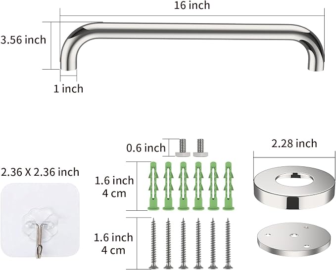 16 Inch Stainless Steel Shower Grab Bar, ZUEXT Chrome Shower Handle, Bathroom Balance Bar, Safety Hand Rail Support Bar for Handicap Elderly Injury, Senior Assist Bath Tub Wall Concealed Mount Handle