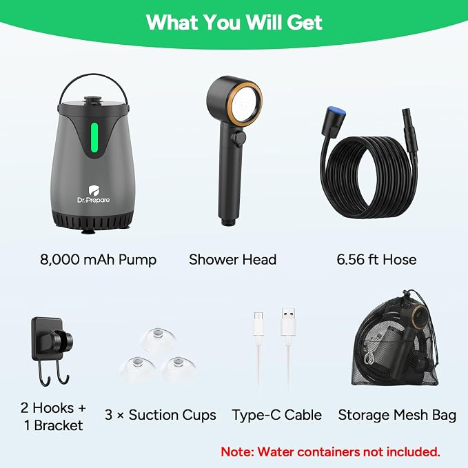 DR.PREPARE Portable Shower, 8000mAh Battery, 180-Min Runtime, 1.59 GPM Strong Flow, 3 Spray Modes, IPX8 Waterproof Camping Shower with LED Display, Portable Shower for Camping, Pets, Beach & Hiking