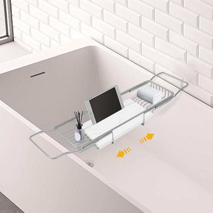 Expandable Bathtub Tray – 26.77" to 35.43" Adjustable Bathtub Caddy | with Natural Marble Board, Raised Guardrails, Tablet/Phone Stand – Home Spa Accessory for Bath, Holds 44 lbs (Silver+White)