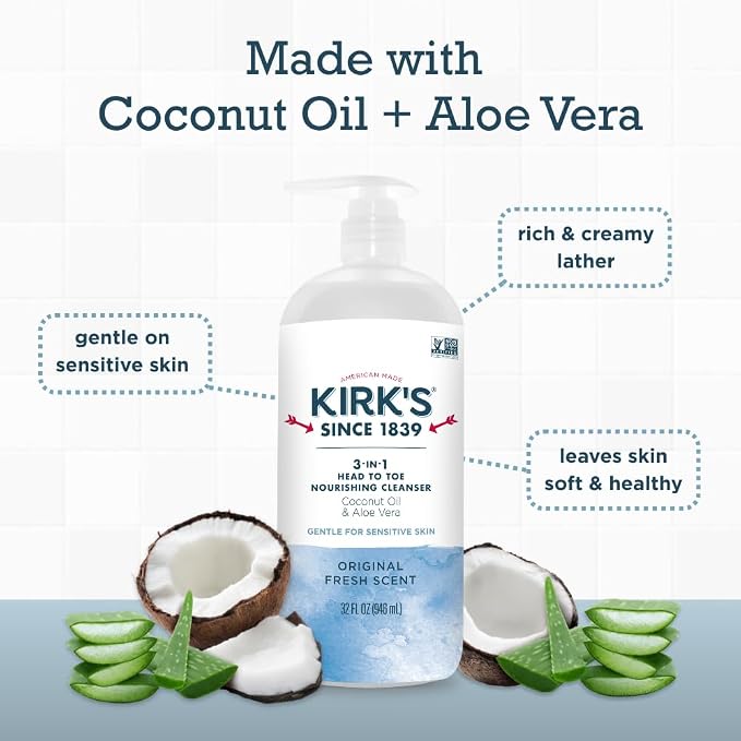 Kirk's Original Fresh 3-in-1 Nourishing Cleanser, Shampoo Body Wash Bubble Bath, Coconut Oil and Aloe Vera, Vegan Non-GMO, 32 Fl Oz