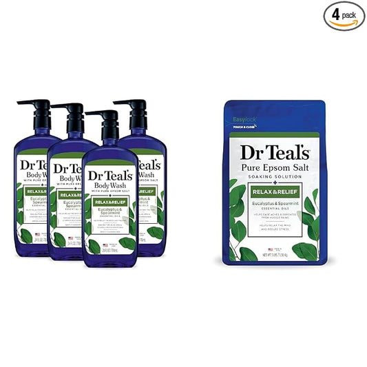 Dr Teal's Body Wash with Pure Epsom Salt, Relax & Relief with Eucalyptus & Spearmint, 24 fl oz (Pack of 4) (Packaging May Vary) & Pure Epsom Salt Soak, Relax & Relief with Eucalyptus & Spearmint, 3lbs