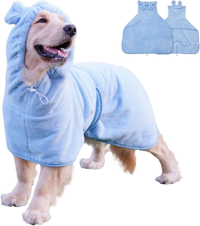 Dog Bathrobe Towel, Cat Bathrobe Microfiber Fast Drying Absorbent Hooded Bath Towel for Puppy Small Medium Large Dog Cat(Blue,L)