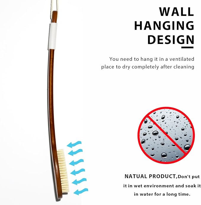 ICANdOIT-17.71Inch Natural Stiff Sisal Bristles Anti-Slip Long Handle Bath Brush,Bent Handle Shower Scrubber for Exfoliating,Shower Back Brush,Exfoliation Set with Pumice Stone(1 Pack)