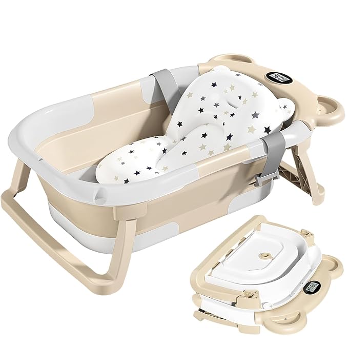 TPN Collapsible Baby Bathtub, Baby Bath Tub with Soft Cushion & Real-Time Thermometer, Baby Bathtub Infant to Toddler Tub (0-36 Months), Portable Newborn Travel Bath Tub